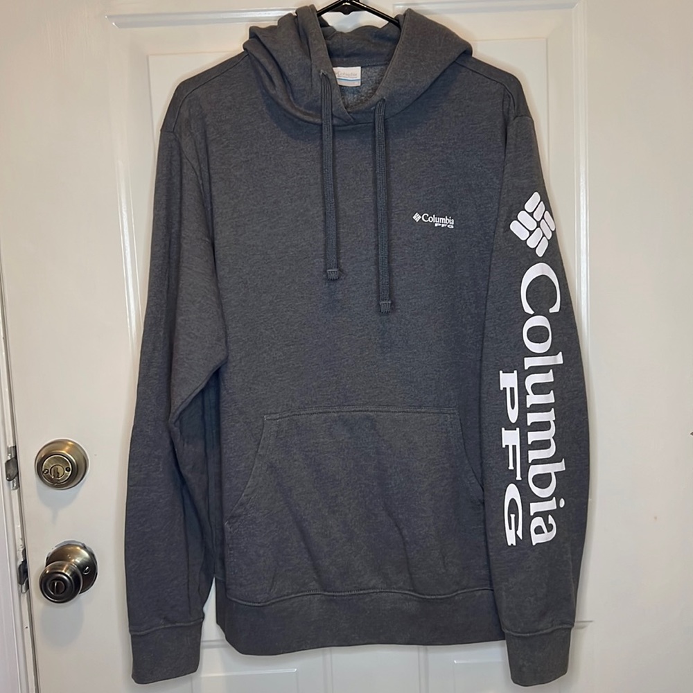 Mens Columbia PFG Hoodie grey/white writing M